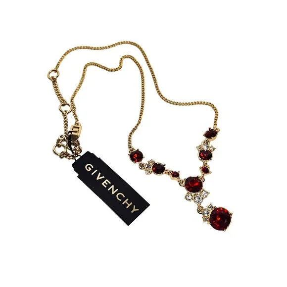 Givenchy Gold Tone With Red And Clear Crystals Statement Necklace (6299) - Picture 6 of 7